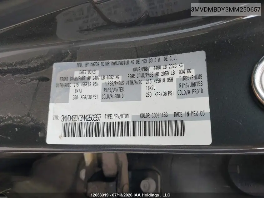 Photo 10 of vehicle VIN 3MVDMBDY3MM250657